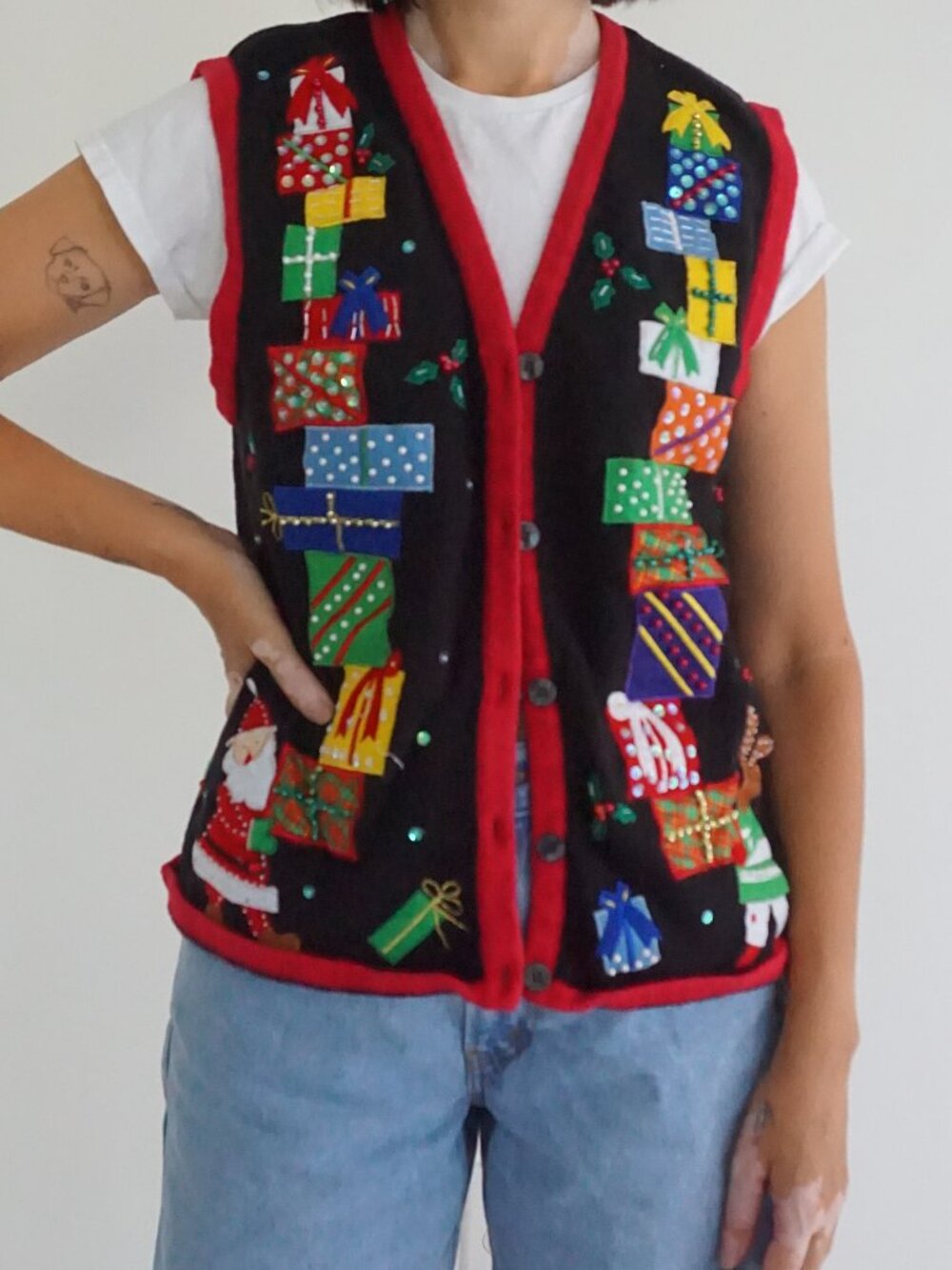 Vintage Bobbie Brooks Black Presents Santa Reindeer Christmas Cotton Cardigan M